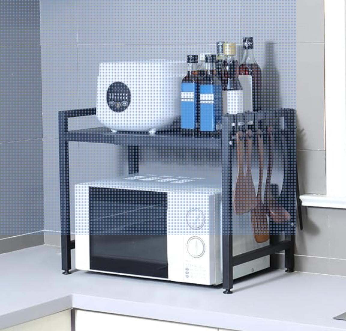 Expandable Microwave Oven Rack Height Adjustable 2 Tier Kitchen Counter Shelf Rack 6 Hooks