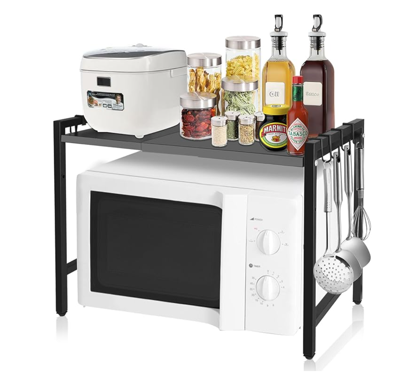 Expandable Microwave Oven Rack Height Adjustable 2 Tier Kitchen Counter Shelf Rack 6 Hooks