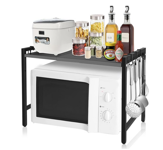 Expandable Microwave Oven Rack Height Adjustable 2 Tier Kitchen Counter Shelf Rack 6 Hooks