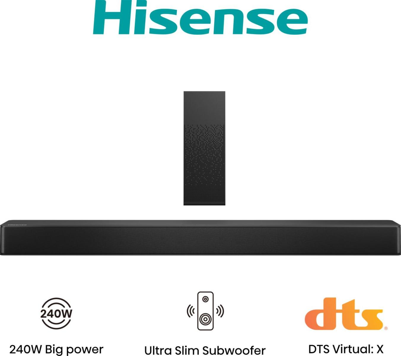 Hisense HS2100 2.1 Channel 240 W Soundbar System — Wireless Subwoofer & Multi‑Input Home Audio Solution