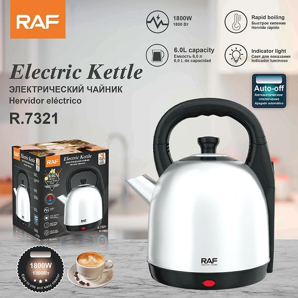 RAF R.7321 6 L Electric Kettle — 1800 W Rapid Boil Stainless Steel Water Boiler (Large Capacity)