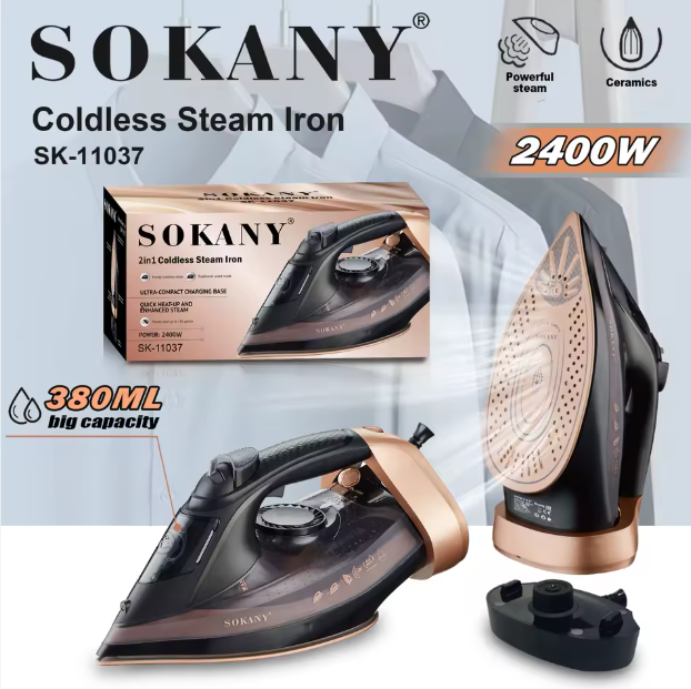 SOKANY SK‑11037 Steam Iron – 2400 W • 380 ml Water Tank • Metal‑Ceramic Soleplate
