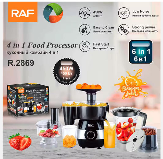 RAF R 2869 6 in 1 Food Processor Stainless Steel Multi-function Blender Chopper for Slicing Shredding