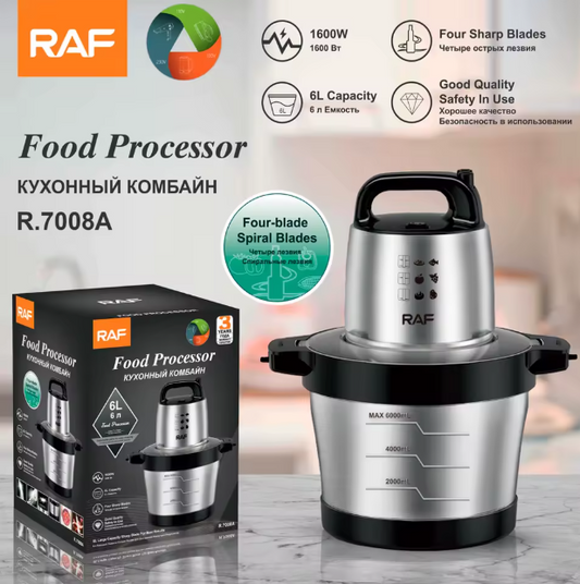 RAF R.7008A Food Processor 6L Capacity Low Noise Four Blade High Power Stainless Steel Body Electric Food Chopper