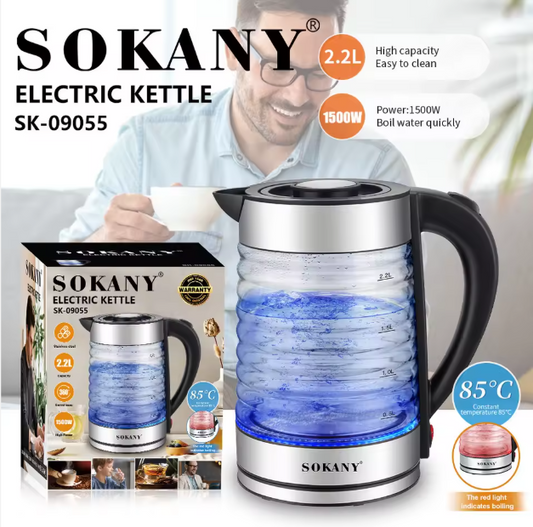 Sokany SK‑09055 2.2 L Electric Kettle – 1500 W Fast Boil with Water Level Indicator & Automatic Shut‑Off