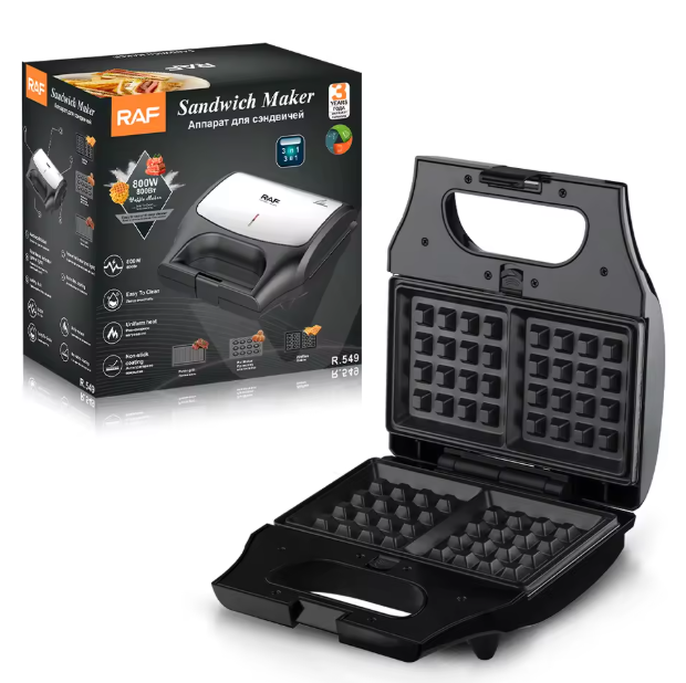 RAF R.549 3-in-1 Electric Sandwich Maker — Panini, Waffle & Grill Multifunction Breakfast Cooker