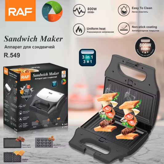RAF R.549 3-in-1 Electric Sandwich Maker — Panini, Waffle & Grill Multifunction Breakfast Cooker