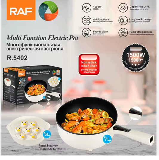 RAF®R.5402 Non-stick electric multi-function pot with 2-layer steam rack 7L 1500W – White
