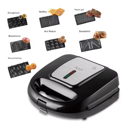 RAF 594 E 7 in 1 Multifunction Detachable Plates Breakfast Nut Doughnut Waffle Maker Panini Electric Sandwich Maker