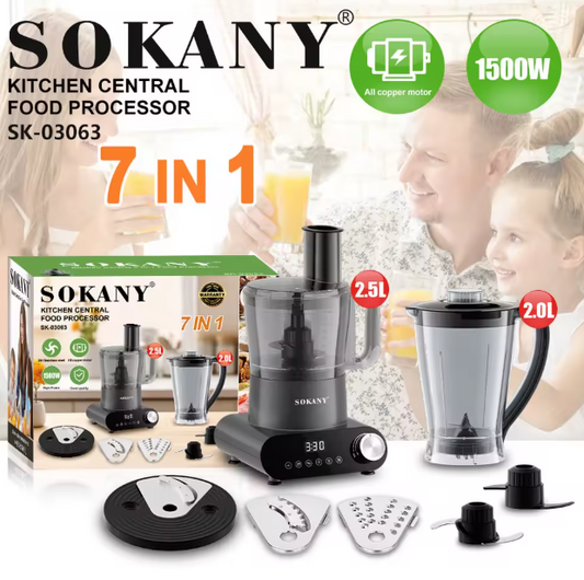 Sokany SK‑03063 7‑in‑1 Digital Food Processor & Vegetable Chopper – 1500 W with 2 L Processing Bowl + 2 L Juicer Blender
