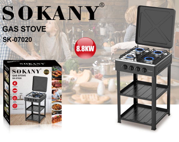 Sokany SK‑07020 4‑Burner Gas Stove with Stand — Stainless Steel Cooker