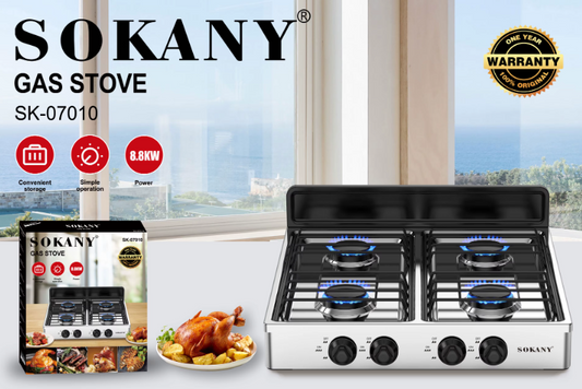 Sokany SK-07042 4-Burner Gas Cooker Stove with Storage Rack — Stainless Steel Gas Cooktop