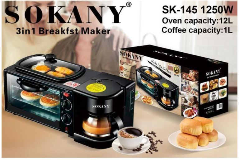 Sokany SK-145 3in1 Breakfast Maker - Toaster oven, Coffee Maker, Non-stick Griddle, Compact design, Easy cleanup