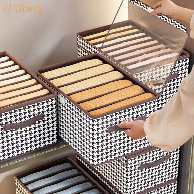 Wardrobe Pants & Clothing Organizer Box (Foldable Compartment Design) DIVIDED WITH LID