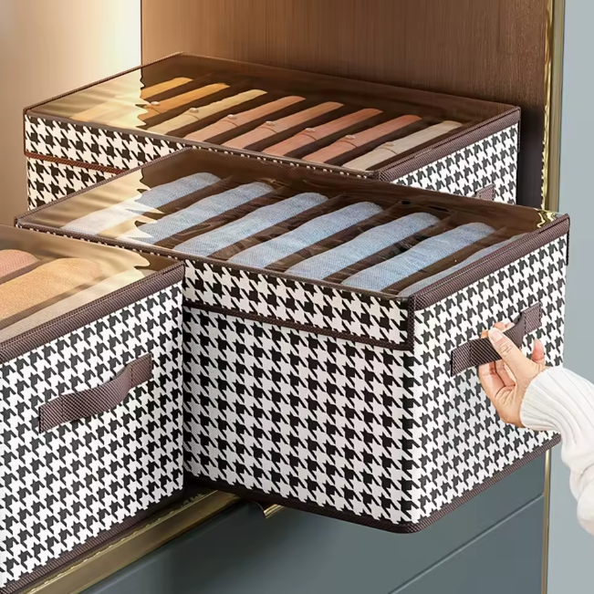 Wardrobe Pants & Clothing Organizer Box (Foldable Compartment Design) DIVIDED WITH LID