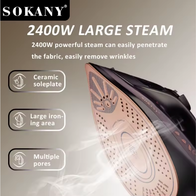 SOKANY SK‑11037 Steam Iron – 2400 W • 380 ml Water Tank • Metal‑Ceramic Soleplate