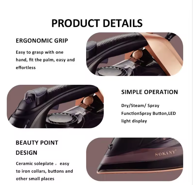 SOKANY SK‑11037 Steam Iron – 2400 W • 380 ml Water Tank • Metal‑Ceramic Soleplate