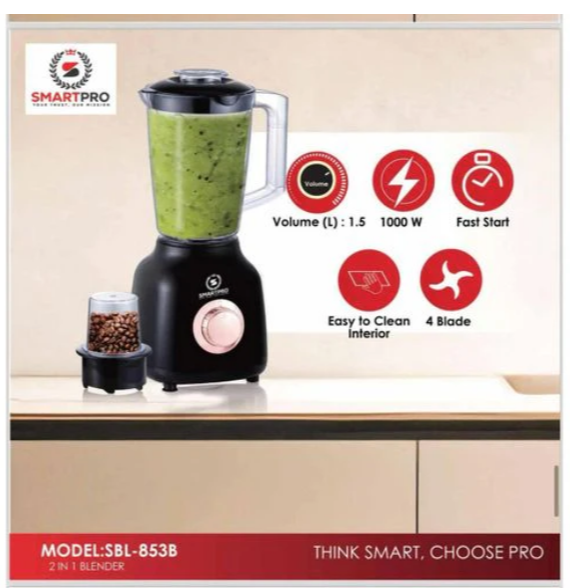 SmartPro SBL-853B 2-in-1 Blender & Grinder – 1000 W Powerful Motor, 1.5 L Capacity with Pulse Function