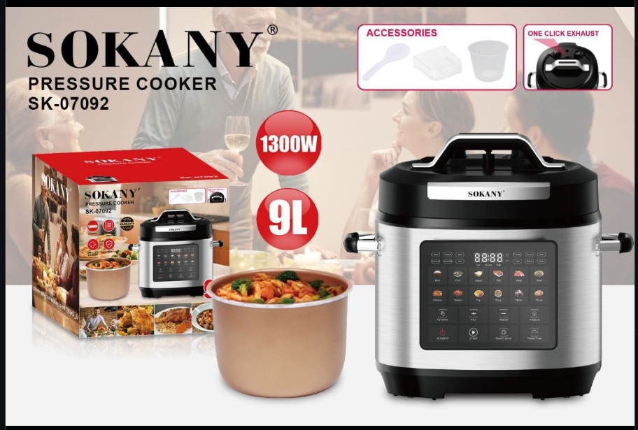 Sokany SK‑07092 9 L Pressure Cooker — Heavy-Duty Stainless Steel with Safety Lid & Heat-Resistant Handles