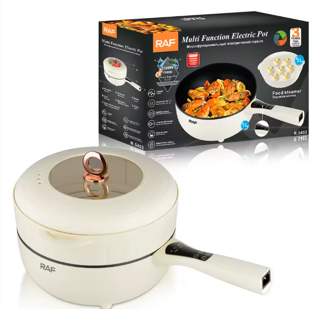 RAF®R.5402 Non-stick electric multi-function pot with 2-layer steam rack 7L 1500W – White