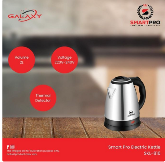SmartPro SKL‑816 2 L Electric Kettle — 1500 W Stainless Steel Water Boiler (Silver/Black)
