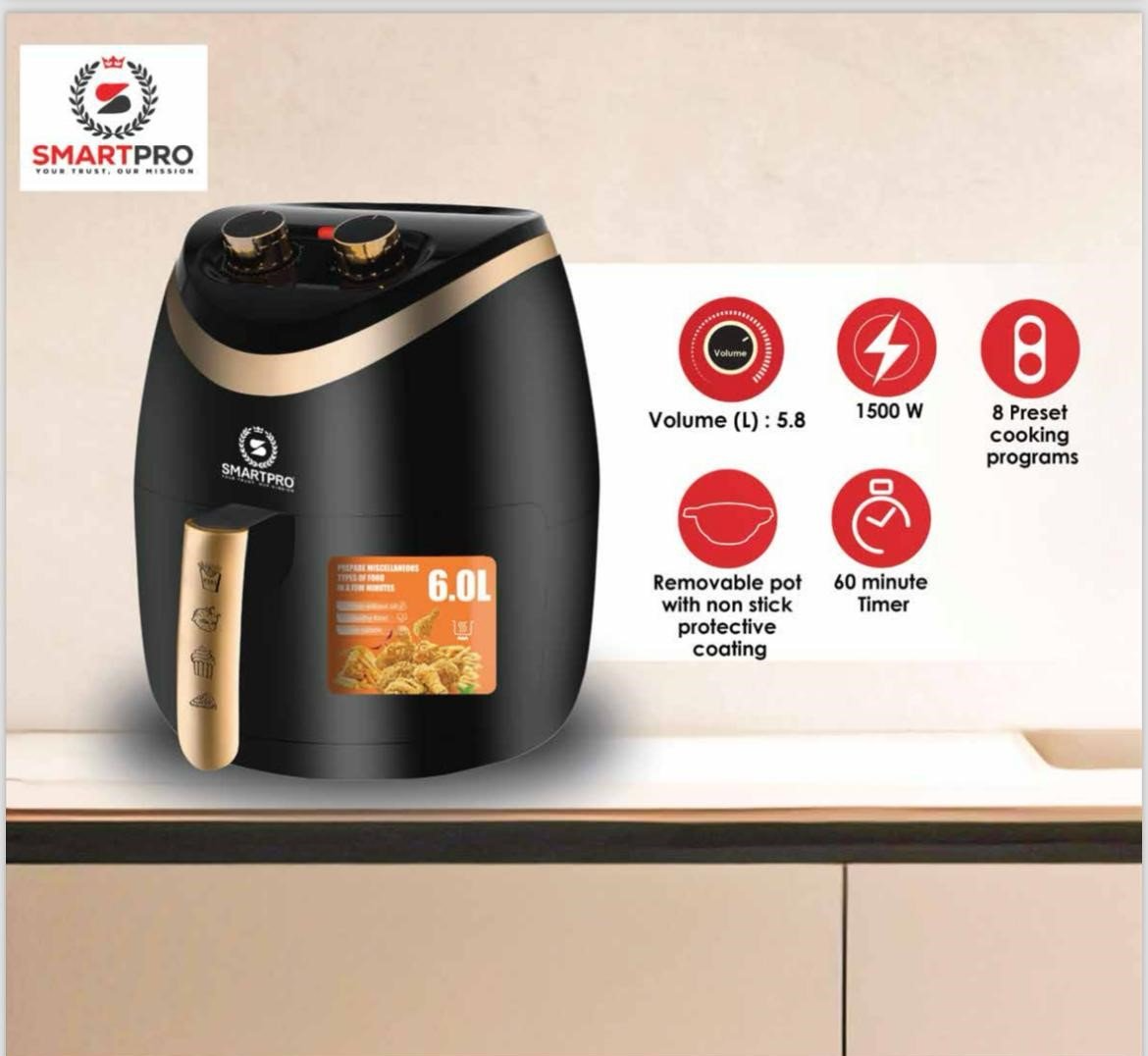 SmartPro SAF‑232 6 L Electric Air Fryer – 1500 W Rapid Hot‑Air Cooking with Adjustable Temperature & Timer