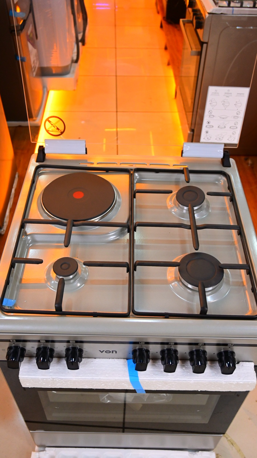 VON VCF663161FSX Freestanding Cooker – 3 Gas + 1 Electric Burners, Cast Iron Pan Support, Flame Failure Device