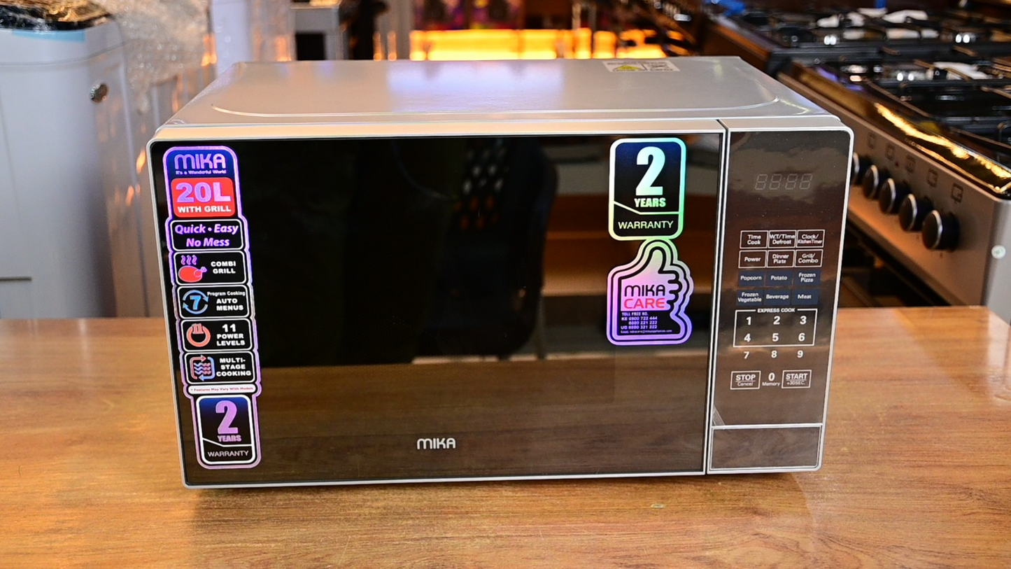 Mika 20L Digital Microwave Oven with Grill – Stylish Mirror Black, Fast & Versatile Cooking