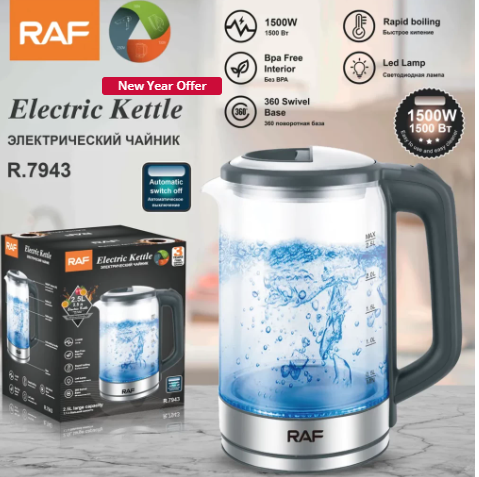 RAF R 7945 Quality High 2.5L Borosilicate Glass Electric Kettle Tea Pot Cordless Water Kettle Boiler
