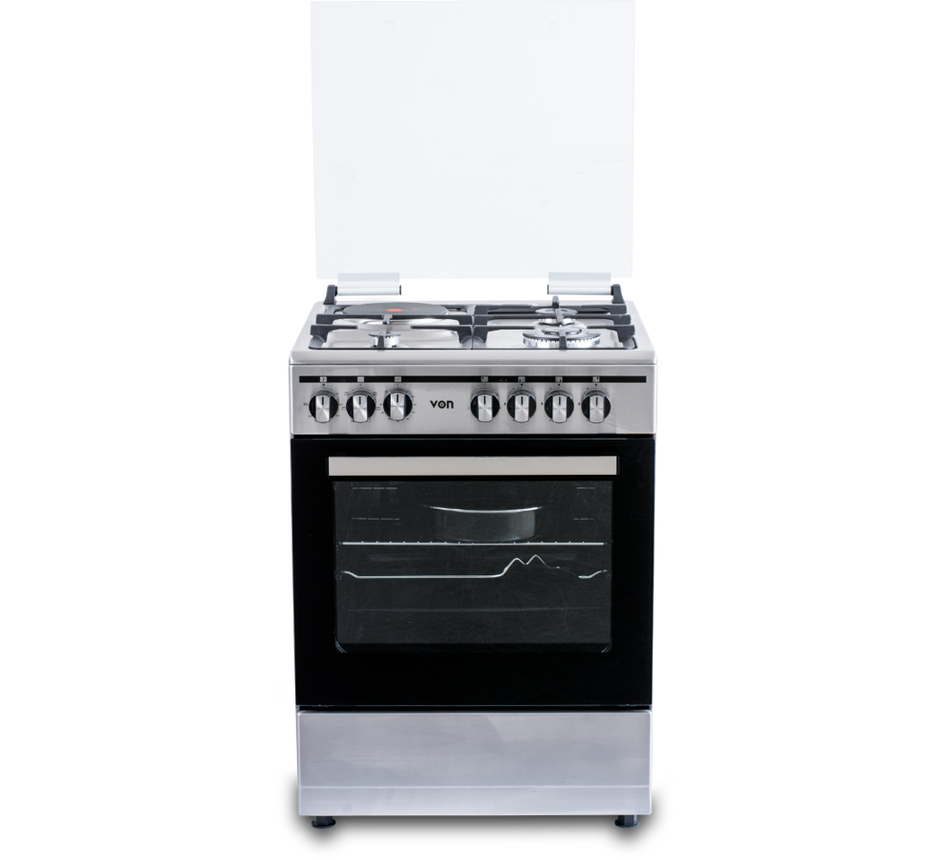 VON VCF663161FSX Freestanding Cooker – 3 Gas + 1 Electric Burners, Cast Iron Pan Support, Flame Failure Device