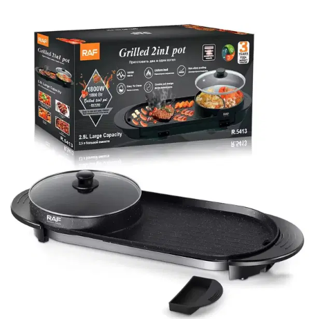 RAF R 5413 Electric Grilled 2 in 1 Hot Pot BBQ Grill Electric Multifunctional Home Smokeless Hot Pot Baking Tray Double Pot Design