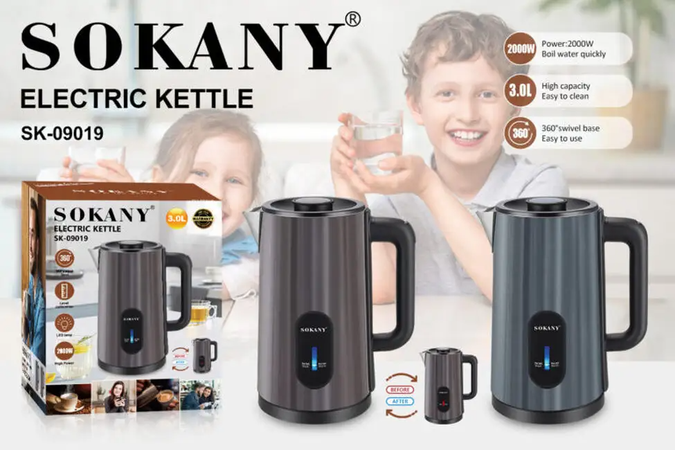 Sokany SK‑09019 3.0 L Stainless Steel Electric Kettle – 2000 W Rapid Boil with 360° Cordless Base & Safety Features