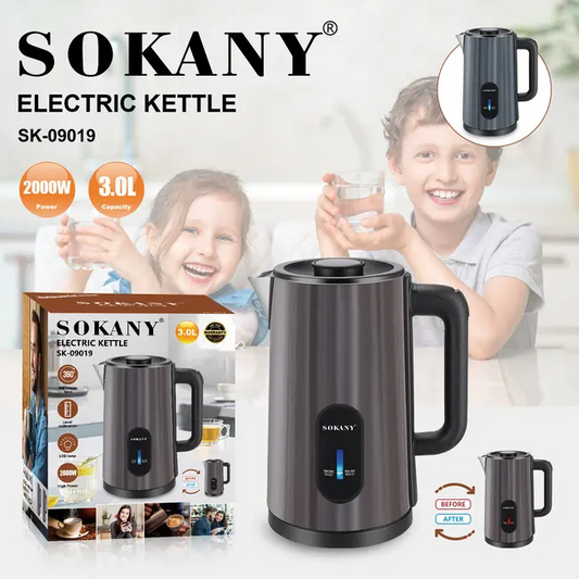 Sokany SK‑09019 3.0 L Stainless Steel Electric Kettle – 2000 W Rapid Boil with 360° Cordless Base & Safety Features