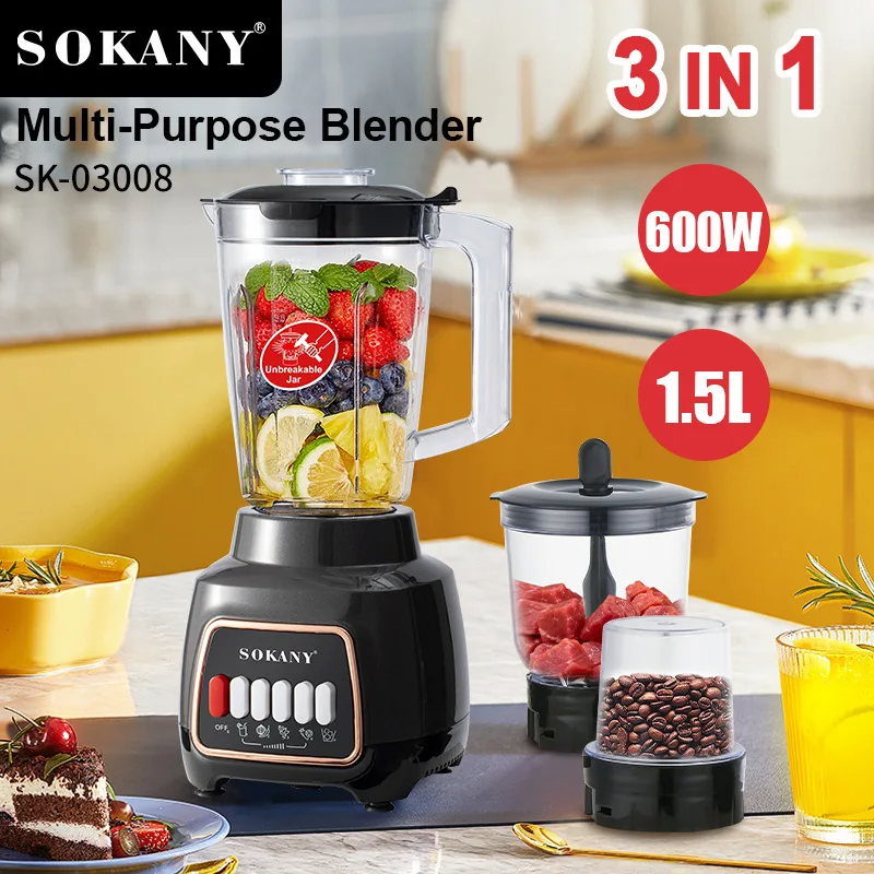 SOKANY SK-03008 Mixer Blender with Unbreakable Jar and 1.5L Capacity