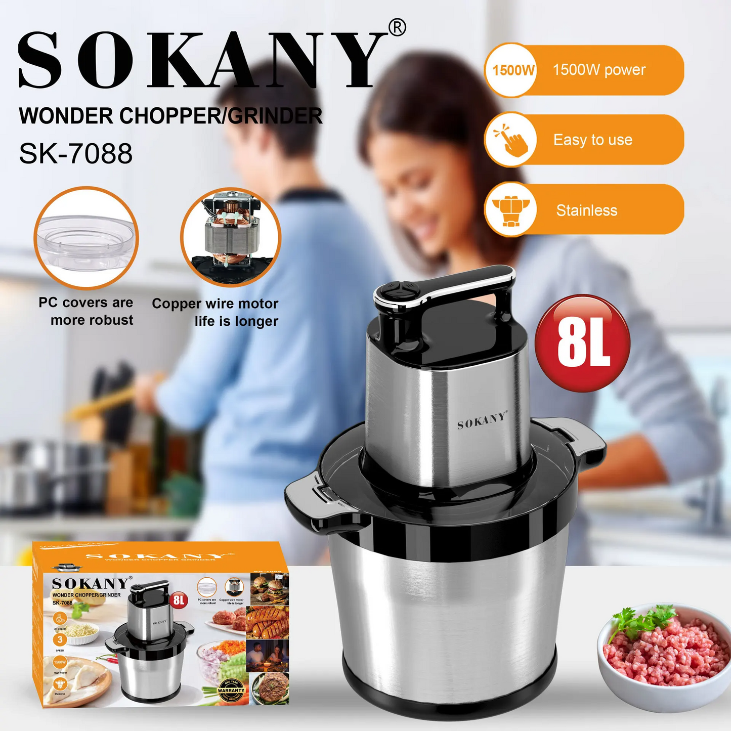 Sokany SK-7088 Electric Kitchen Chopper & Blender – 1500 W Powerful Motor, 8 L Stainless Steel Bowl, 3-Speed Multifunction Processor