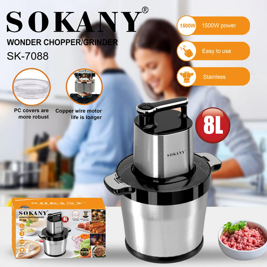 Sokany SK-7088 Electric Kitchen Chopper & Blender – 1500 W Powerful Motor, 8 L Stainless Steel Bowl, 3-Speed Multifunction Processor