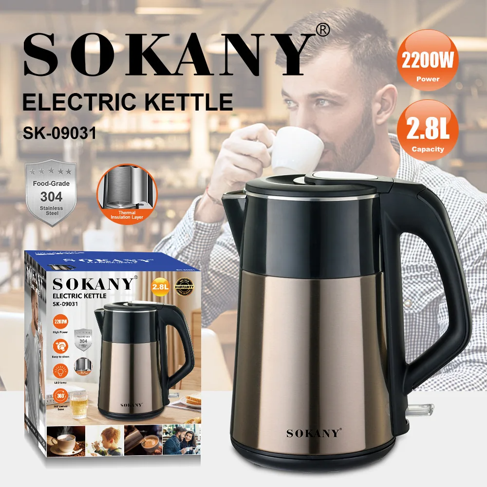Sokany SK‑09031 2.8 L Stainless Steel Electric Kettle – 2200 W Rapid Boil with 360° Cordless Base