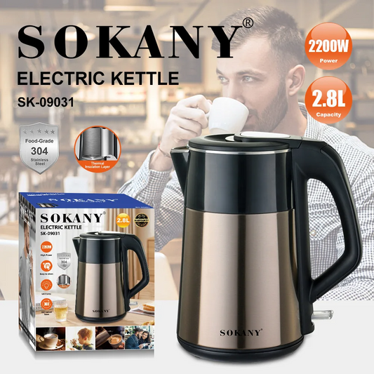 Sokany SK‑09031 2.8 L Stainless Steel Electric Kettle – 2200 W Rapid Boil with 360° Cordless Base