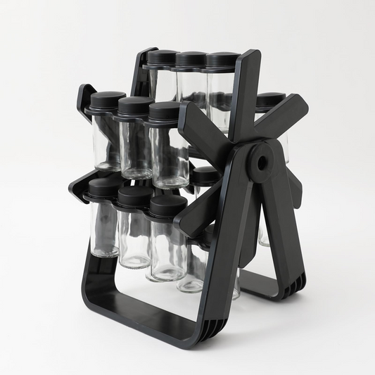 18-Jar Rotating Spice Rack — Stainless Steel Carousel Organizer with Glass Jars