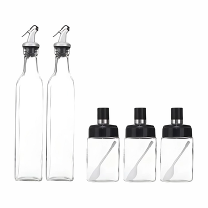 5-in-1 Oil and Spice Dispenser Set - 2 Oil Bottles & 3 Seasoning Containers
