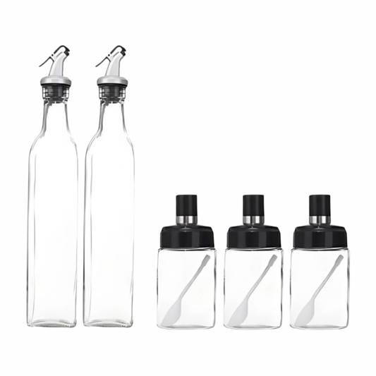 5-in-1 Oil and Spice Dispenser Set - 2 Oil Bottles & 3 Seasoning Containers