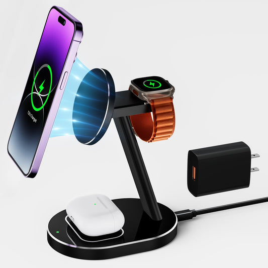 3 in 1 Magnetic Mag-Safe Wireless Charger for iPhone 15 14 13 12 Pro Max Mini 14Plus, 15W Fast Charging Station with Apple iwatch airpods Multiple Devices Aluminum Alloy Stand…