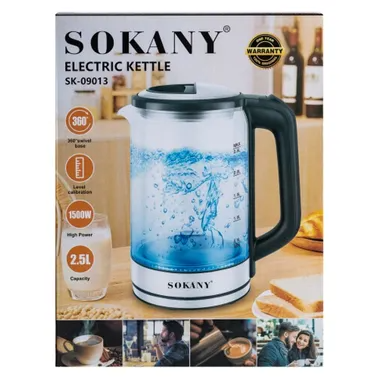 Sokany SK‑09013 2.5 L Glass Electric Kettle – 1500 W Rapid Boil with Auto Shut‑Off & Overheat Protection