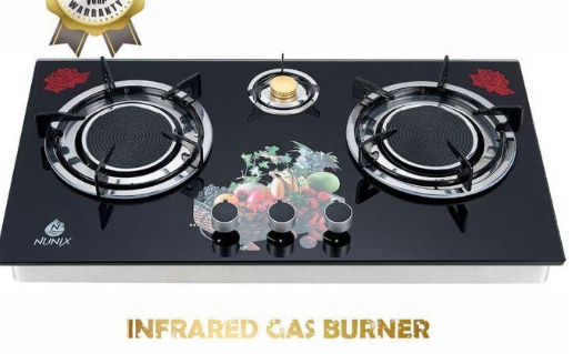 Nunix GP-004 Infrared 3-Burner Tabletop Gas Cooker — Low Gas Consumption with Tempered Glass Top