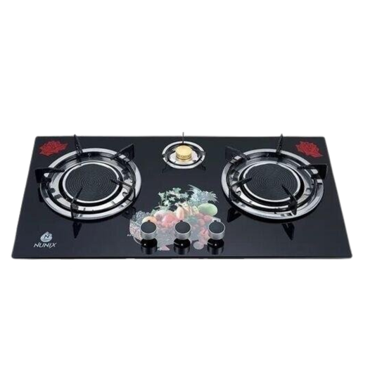 Nunix GP-004 Infrared 3-Burner Tabletop Gas Cooker — Low Gas Consumption with Tempered Glass Top