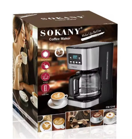Sokany CM-121E Programmable 12-Cup Drip Coffee Maker – 950 W Stainless Steel & ABS with Glass Carafe