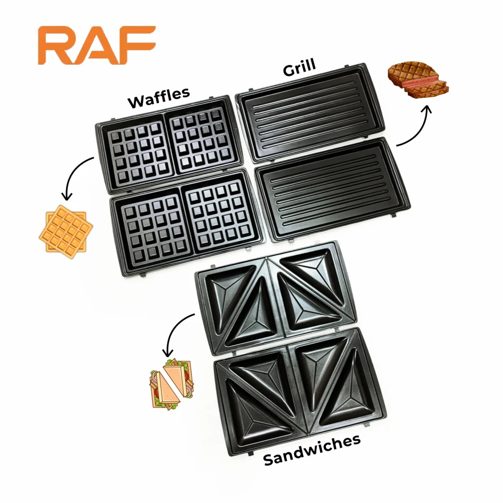 RAF R.555 5-in-1 Sandwich Maker — Waffle, Panini Grill, Doughnut & Patterned Sandwich Maker